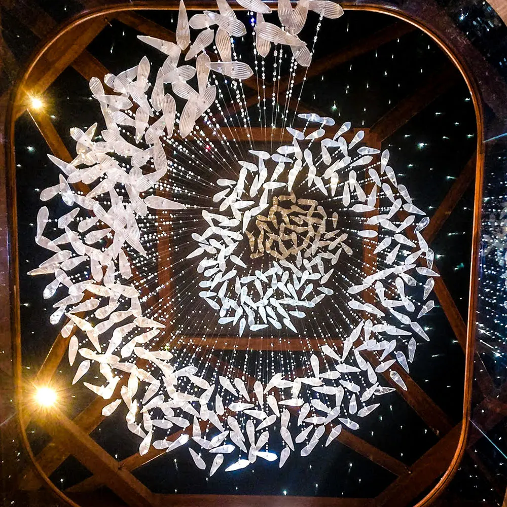 Feature chandelier lit against a dark ceiling
