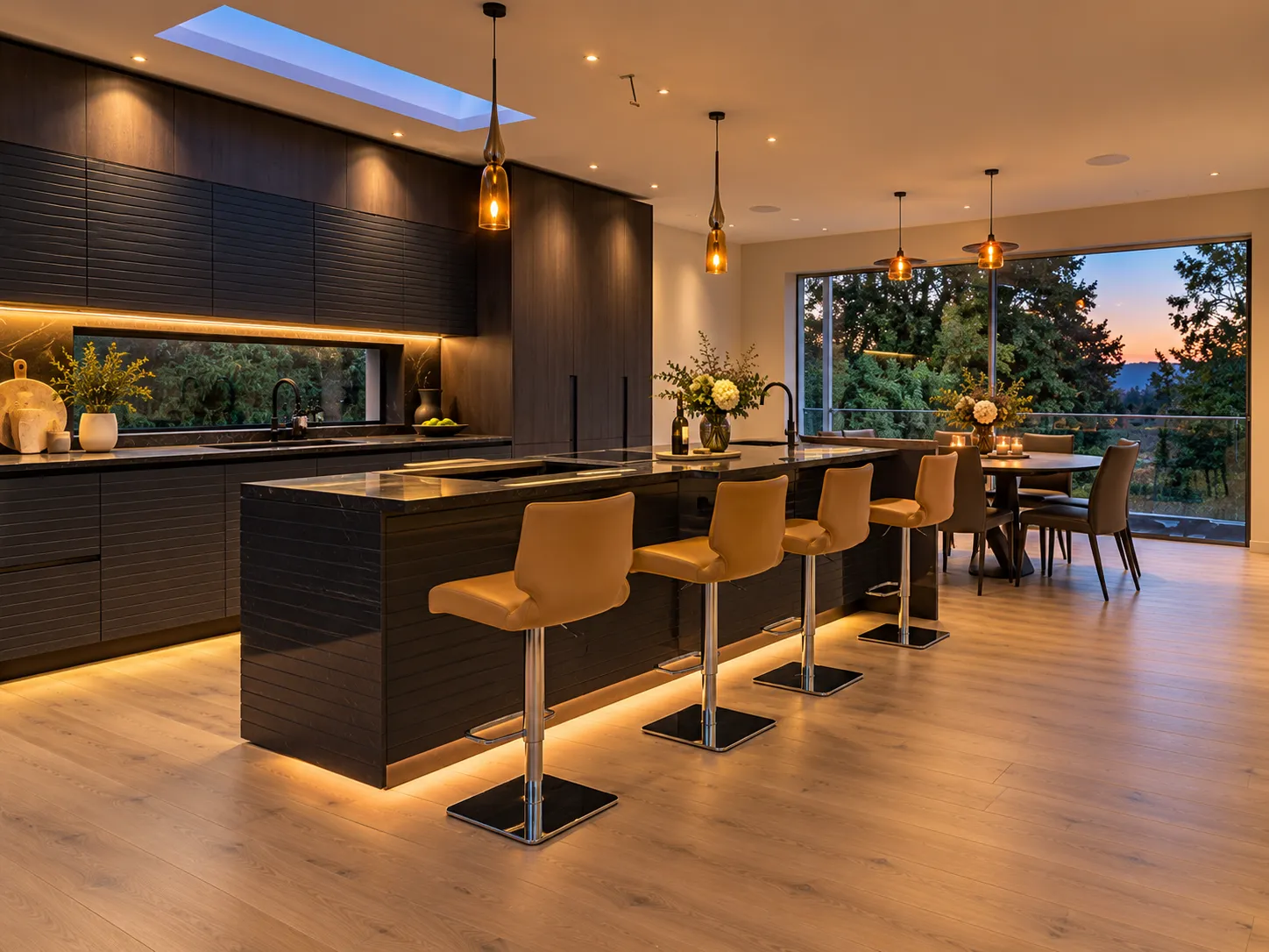 Dark kitchen island with lit plinth, pendant lights and garden views in the evening