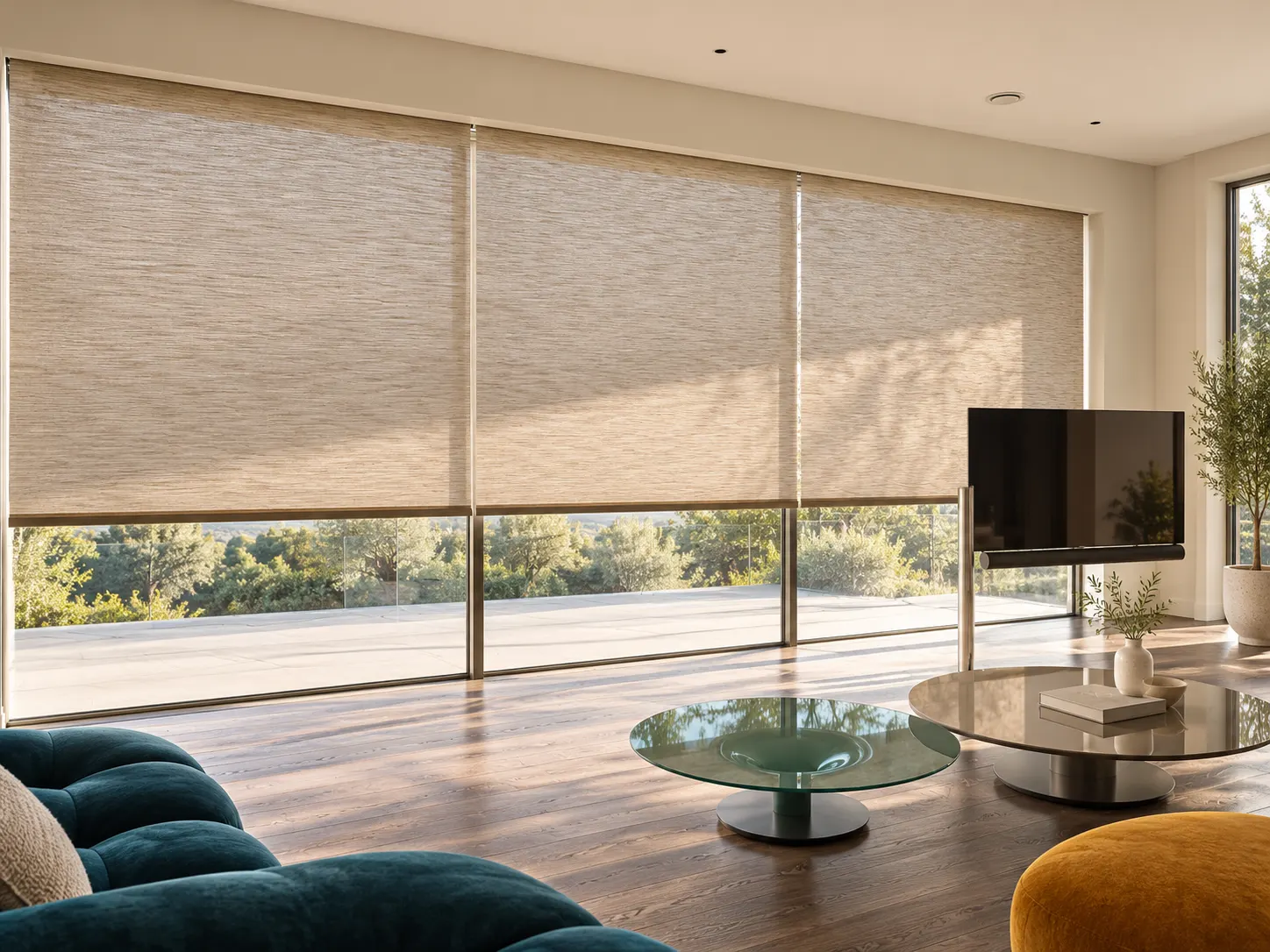 Living room with full-width textured motorised blinds lowered over floor-to-ceiling windows