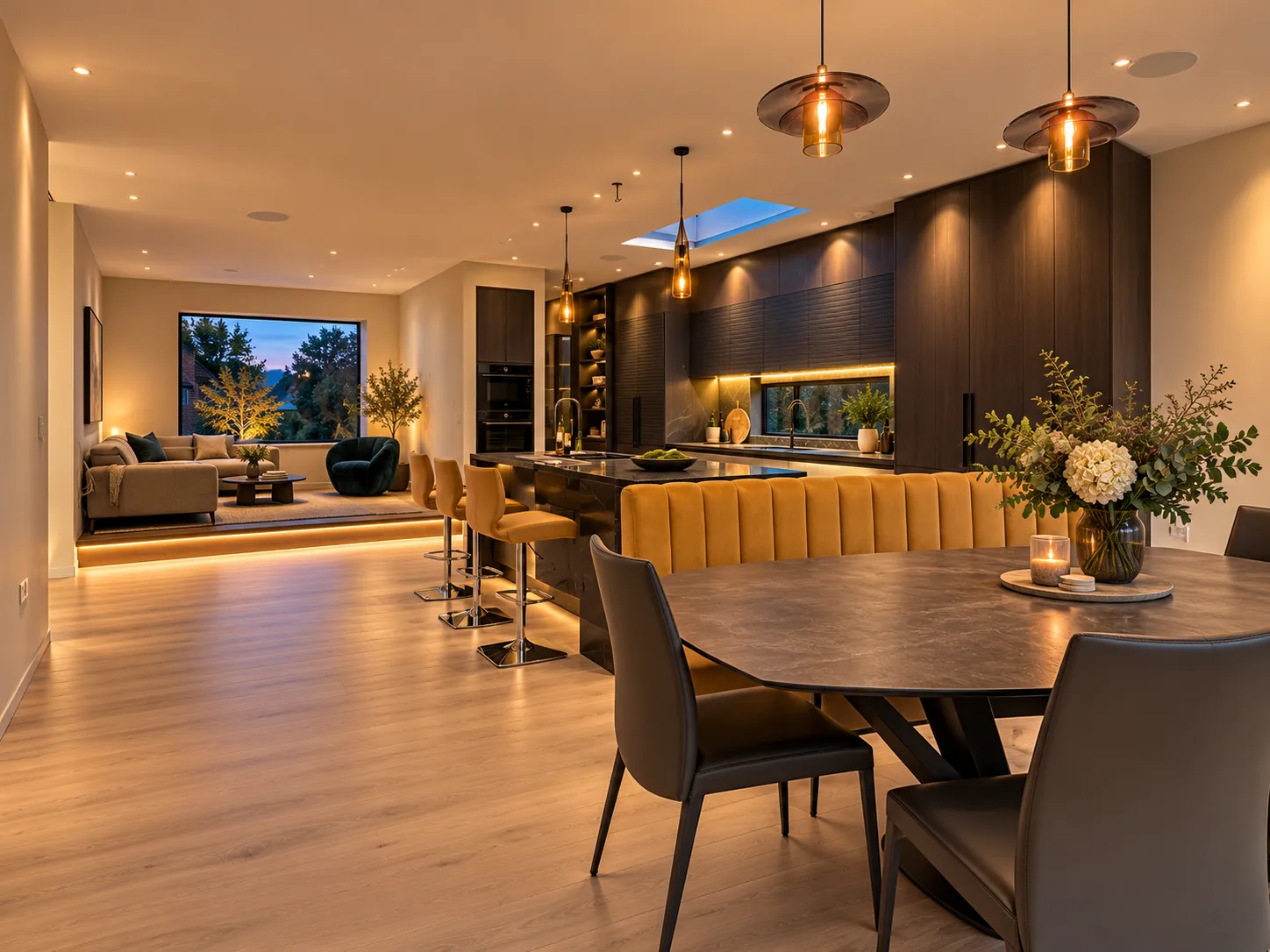 Open-plan kitchen and dining room with pendant lights and warm under-cabinet lighting at dusk